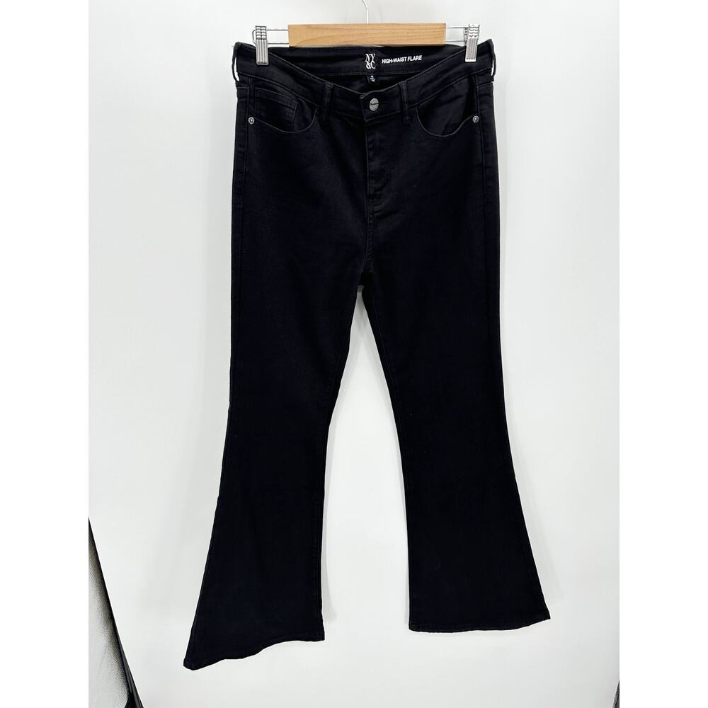 New York & Co Jeans Women 12 Black Denim High-Waist Flare Cotton‎ Blend Stretch